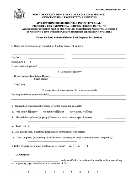 Fillable Form Rp485L [amsterdam Sd] Application For Residential