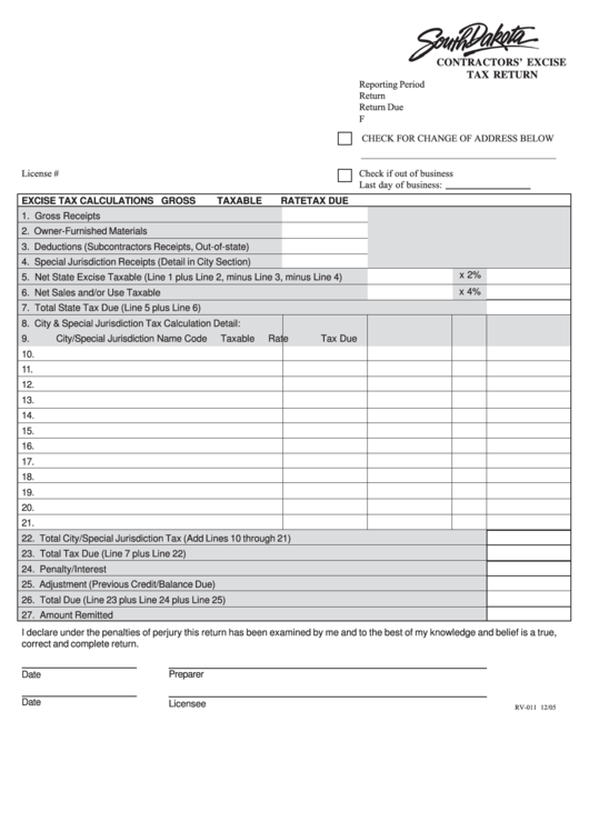Fillable Form Rv011 Contractors' Excise Tax Return printable pdf