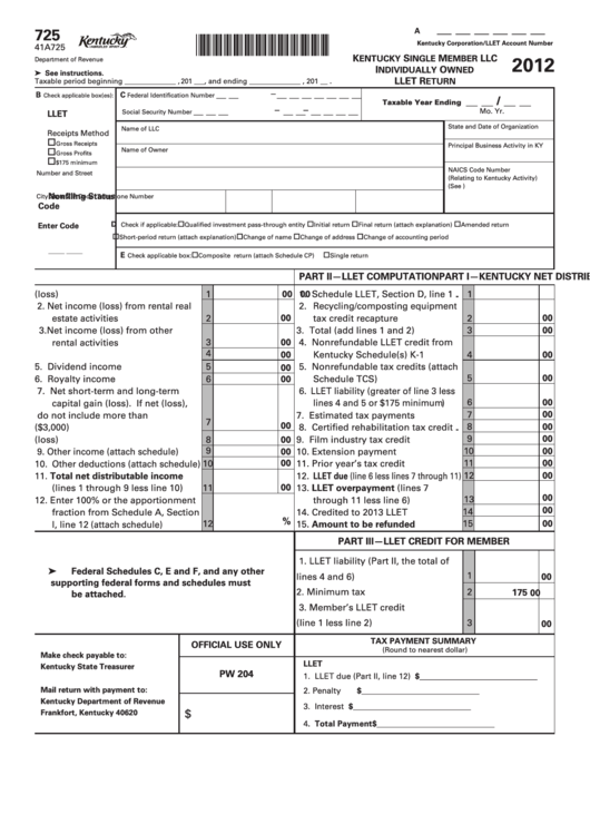 Form 725 Kentucky Single Member Llc Individually Owned Llet Return