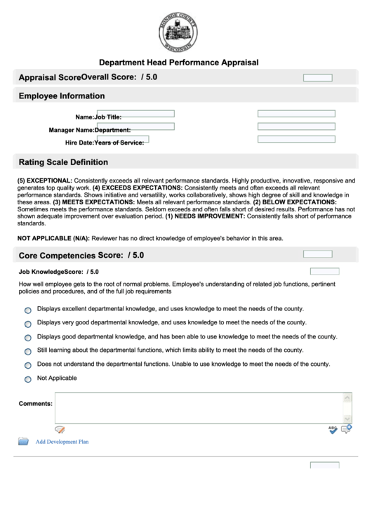 Department Head Performance Appraisal Monroe County printable pdf