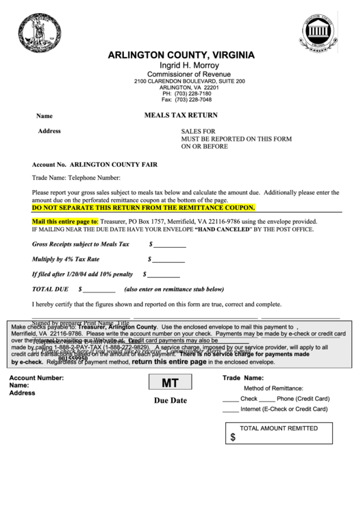 Meals Tax Return Arlington County State Of Virginia printable pdf