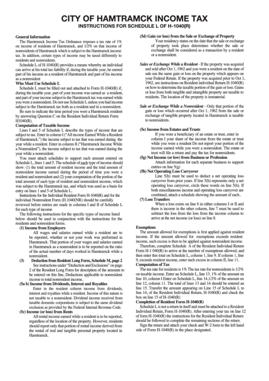 Instructions For Schedule L Of H1040(R) City Of Hamtramck Tax