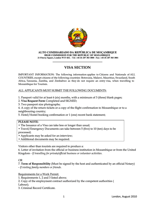 Request For Entry Visa To Mozambique printable pdf download