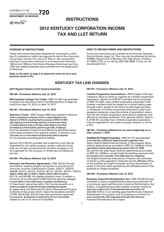 Instructions 2012 Kentucky Corporation Tax And Llet Return