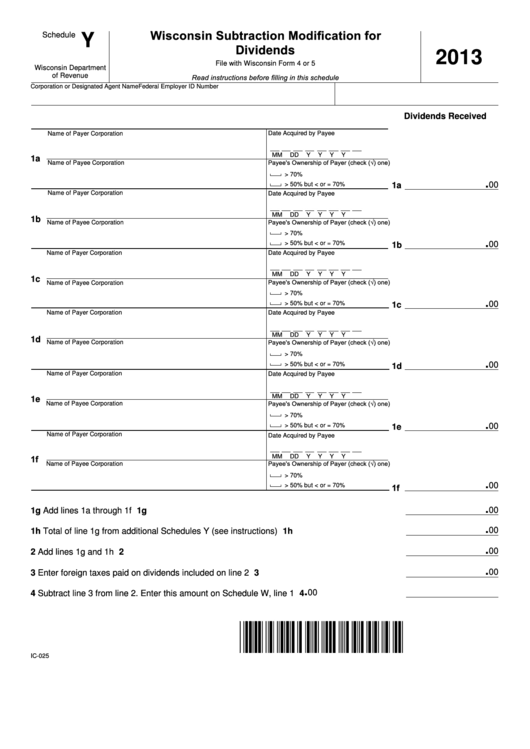Fillable Schedule Y Wisconsin Subtraction Modification For Dividends