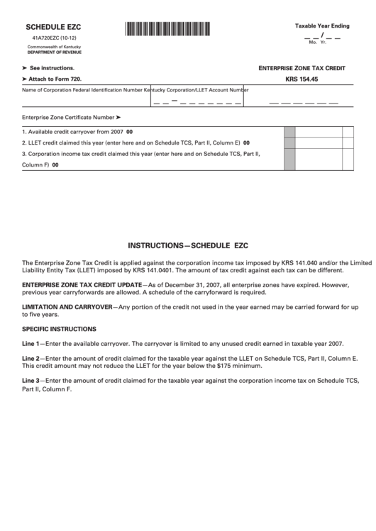Form 41a720ezc (1012) Schedule Ezc Enterprise Zone Tax Credit printable pdf download