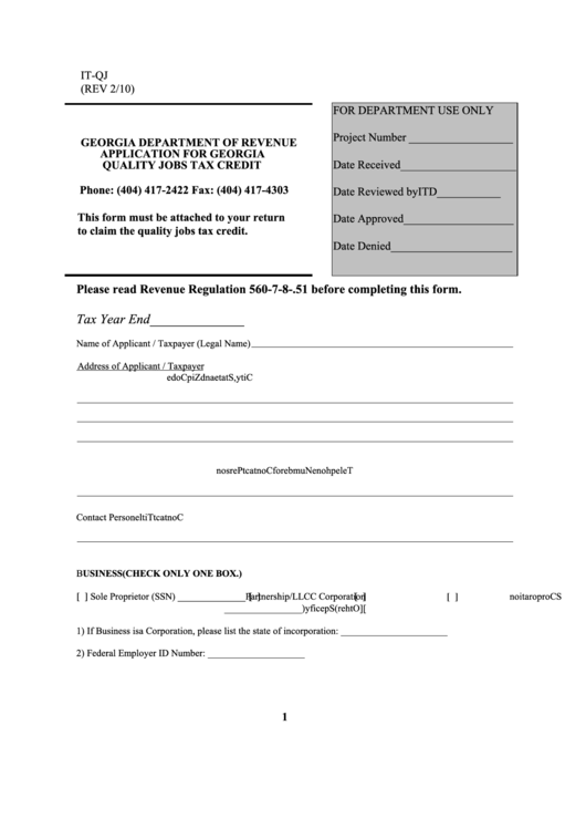 Form ItQj Application For Quality Jobs Tax Credit printable