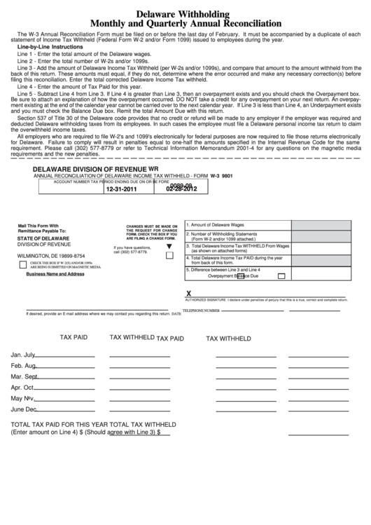 Fillable Form W3 Annual Reconciliation Of Delaware Tax
