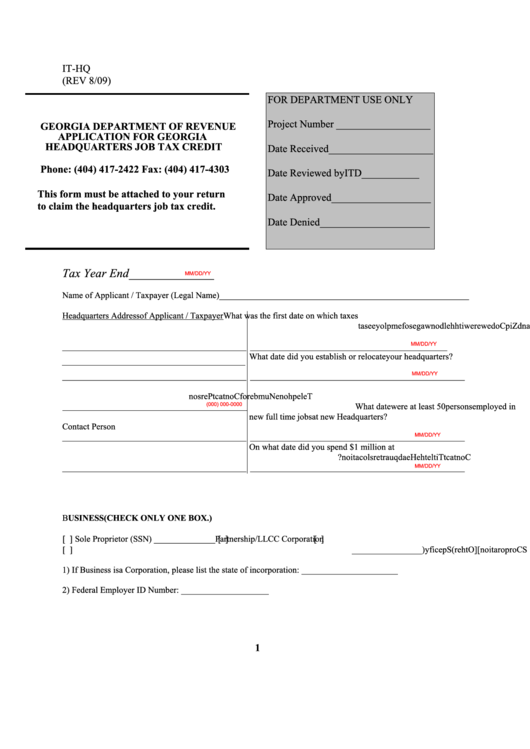 Fillable Form ItHq Application For Headquarters Job Tax