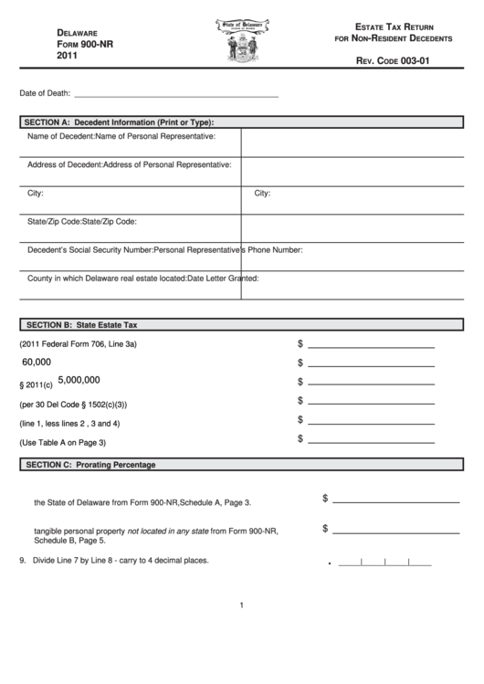 Fillable Delaware Form 900Nr Estate Tax Return For NonResident