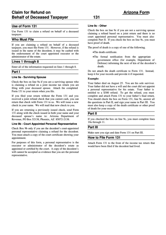 Instructions For Arizona Form 131 Claim For Refund On