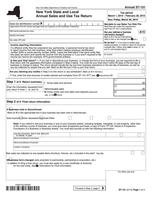 Fillable Form St101 New York State And Local Annual Sales And Use Tax Return 2015 printable