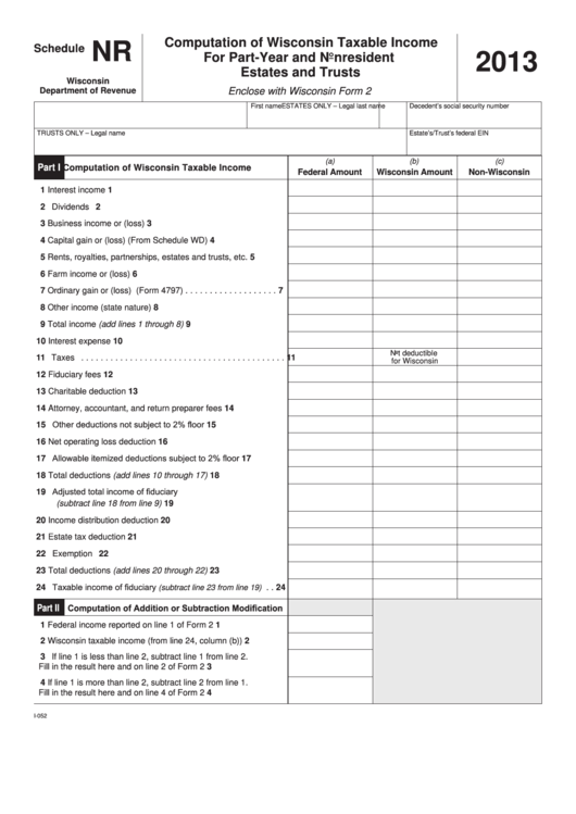 Fillable Schedule Nr Computation Of Wisconsin Taxable For Part