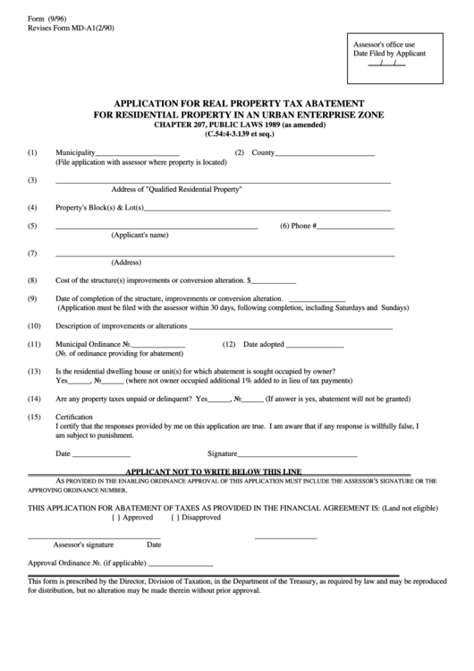 Fillable Form U.e.z. Application For Real Property Tax Abatement For