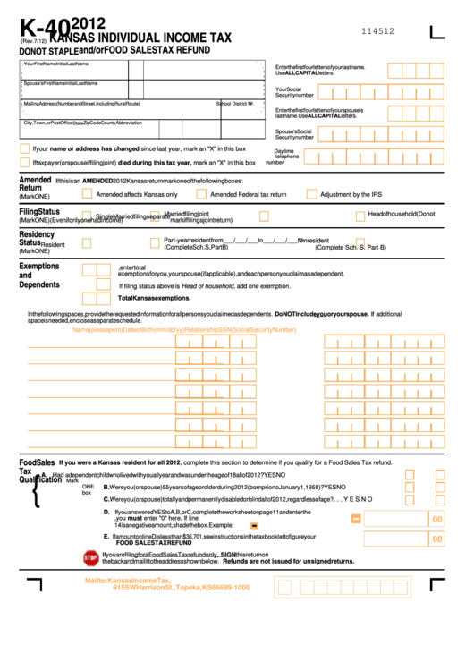 Fillable Form K40 Kansas Individual Tax And/or Food Sales Tax