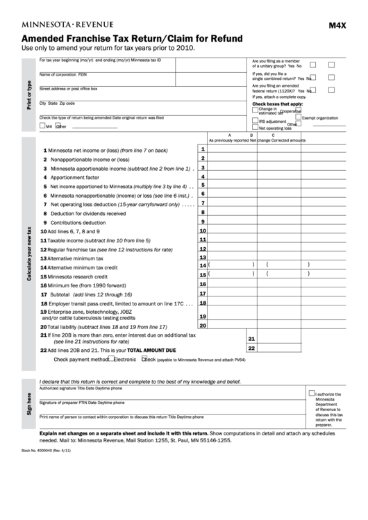 Fillable Form M4x Amended Franchise Tax Return/claim For Refund