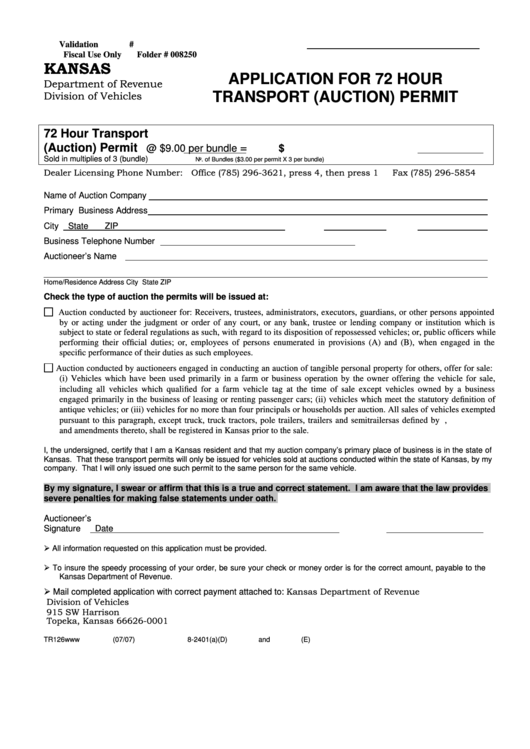 Fillable Form Tr126 Application For 72 Hour Transport (Auction) Permit printable pdf download