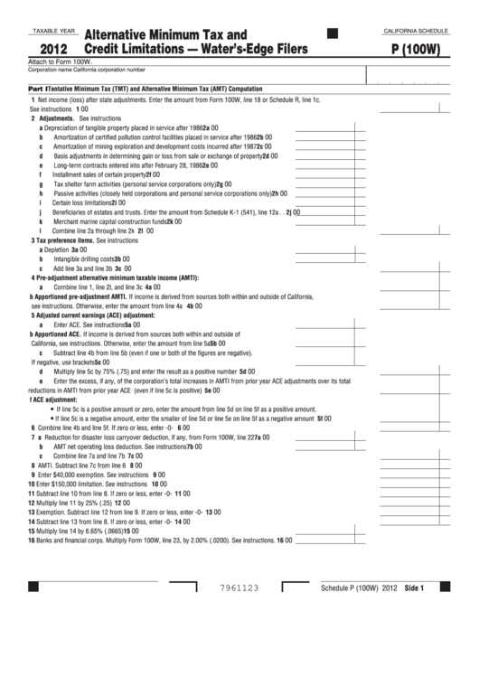 Fillable California Schedule P (100w) Alternative Minimum Tax And
