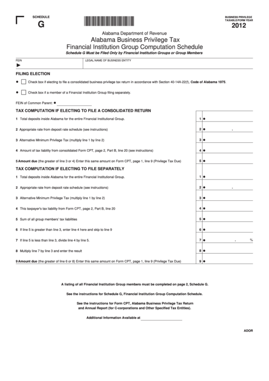 Schedule G Alabama Business Privilege Tax Financial
