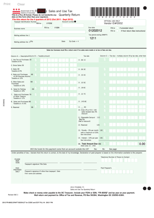 Fillable Form Fr800q Sales And Use Tax Quarterly Return 2012