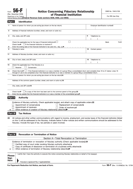 Fillable Form 56F Notice Concerning Fiduciary Relationship Of Financial Institution printable
