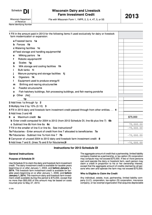 Fillable Schedule Di Wisconsin Dairy And Livestock Farm Investment Credit 2013 printable pdf