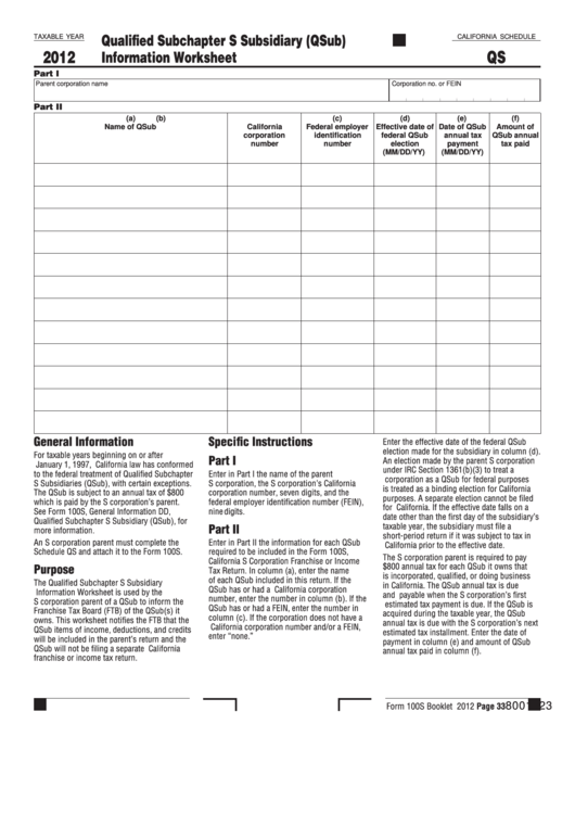 Fillable California Schedule Qs Qualified Subchapter S Subsidiary