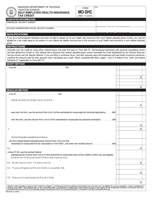 Fillable Form MoShc SelfEmployed Health Insurance Tax Credit