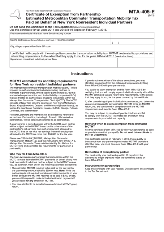 Fillable Form Mta405E Certificate Of Exemption From