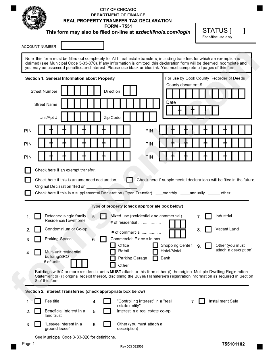Form 7551 Real Property Transfer Tax Declaration printable pdf download