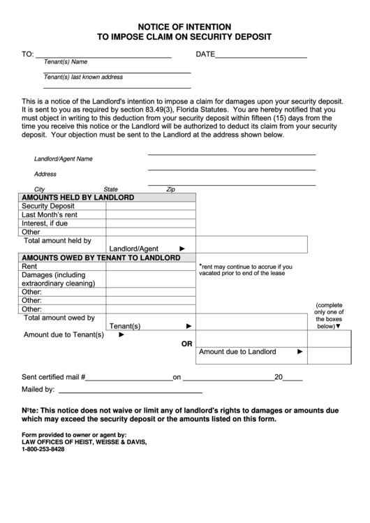 Notice Of Intention To Impose Claim On Security Deposit printable pdf