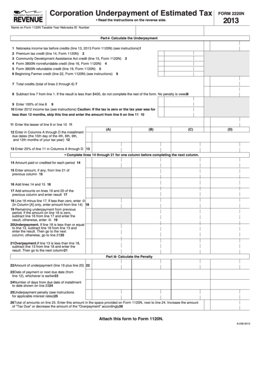 Fillable Form 2220n Corporation Underpayment Of Estimated Tax 2013