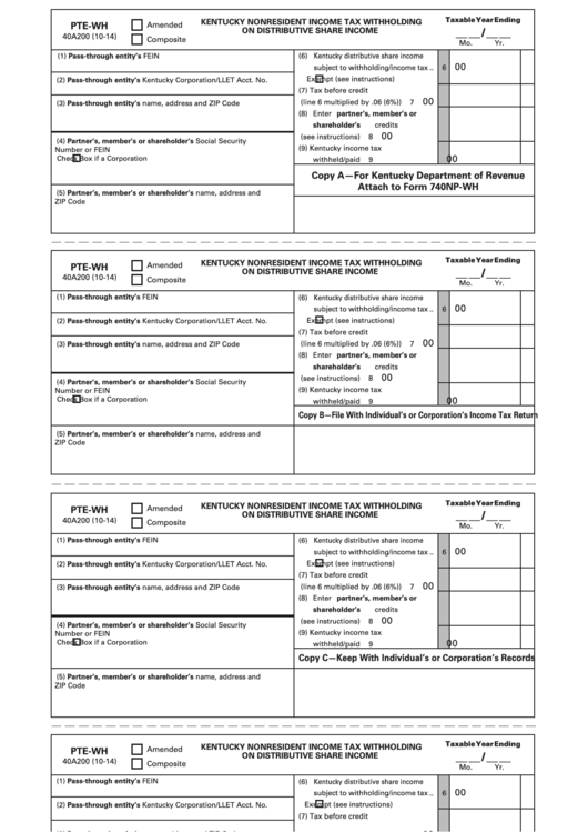 Form PteWh Kentucky Nonresident Tax Withholding On