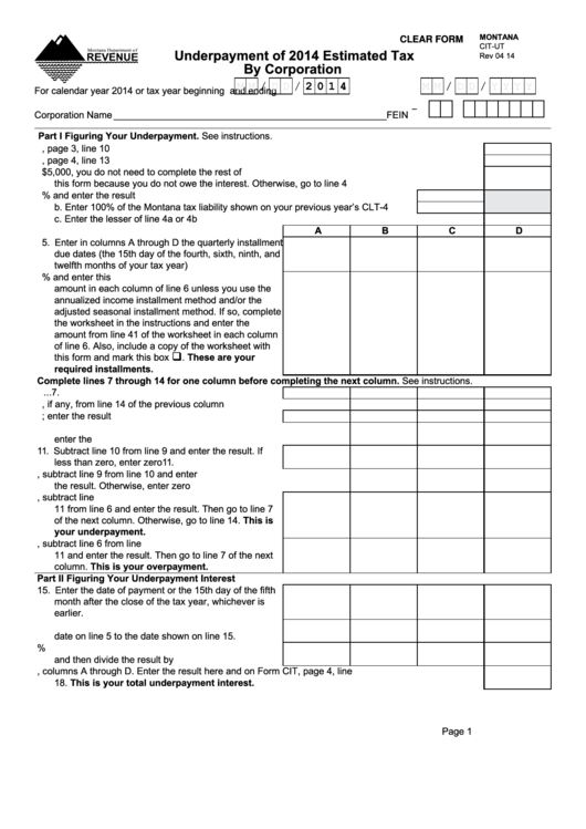 Fillable Form CitUt Underpayment Of Estimated Tax By Corporation