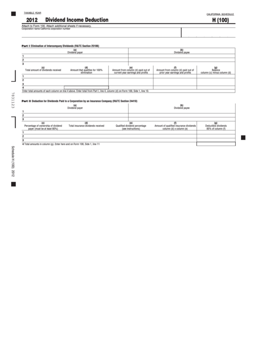 Fillable California Schedule H (100) Dividend Deduction 2012