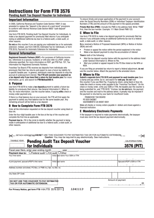 Fillable California Form Ftb 3576 Pending Audit Tax Deposit Voucher