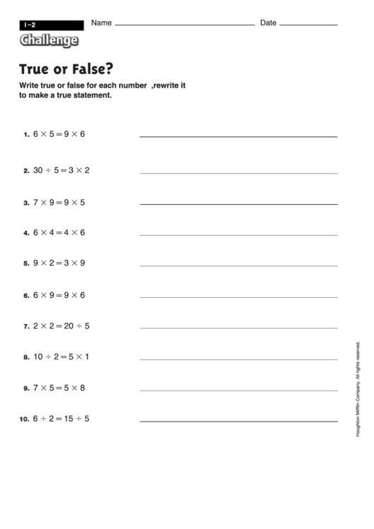 True Or False Math Worksheet With Answers printable pdf download