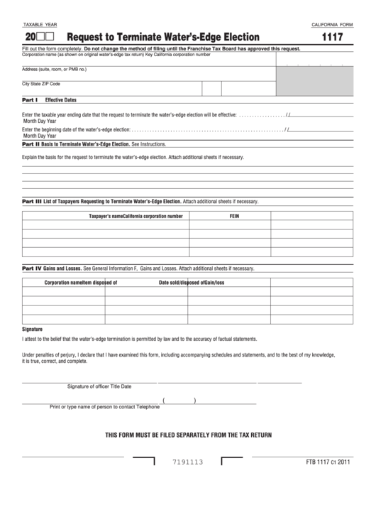 Fillable California Form 1117 Request To Terminate Water'SEdge Election printable pdf download