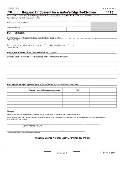 Fillable California Form 1115 Request For Consent For A Water'SEdge ReElection printable pdf
