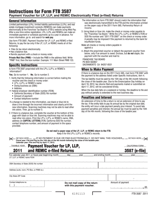 Fillable California Form Ftb 3587 Payment Voucher For Lp, Llp, And
