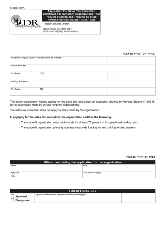Fillable Form R 1303 Application For Sales Tax Exemption Certificate