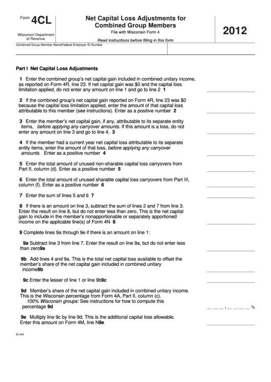 Fillable Form 4cl Net Capital Loss Adjustments For Combined Group