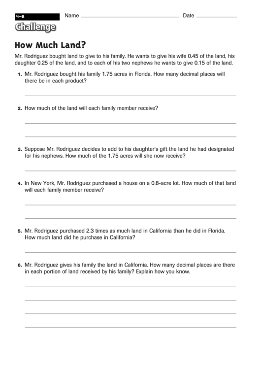 How Much Land Area Worksheet With Answers printable pdf download