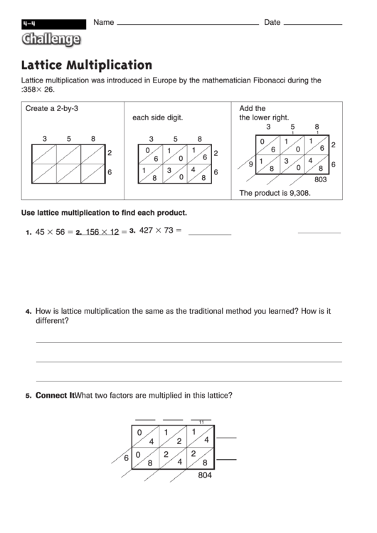 Lattice Multiplication Multiplication Worksheet With Answers
