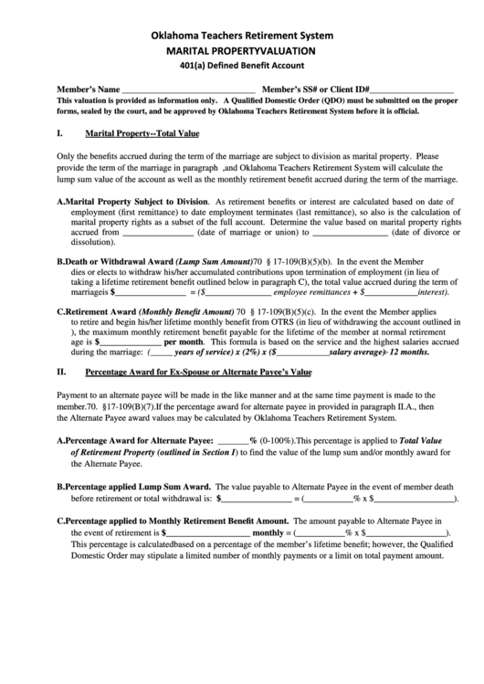 Marital Property Valuation 401(A) Defined Benefit Account Oklahoma Teachers Retirement