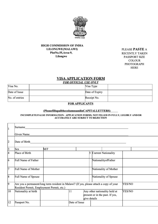 Malawi Visa Application Form printable pdf download