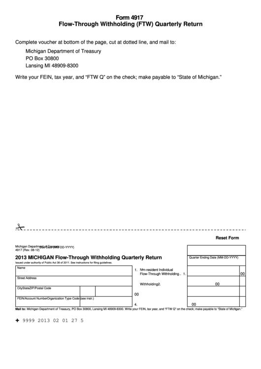 Fillable Form 4917 Michigan FlowThrough Withholding Quarterly Return 2013 printable pdf