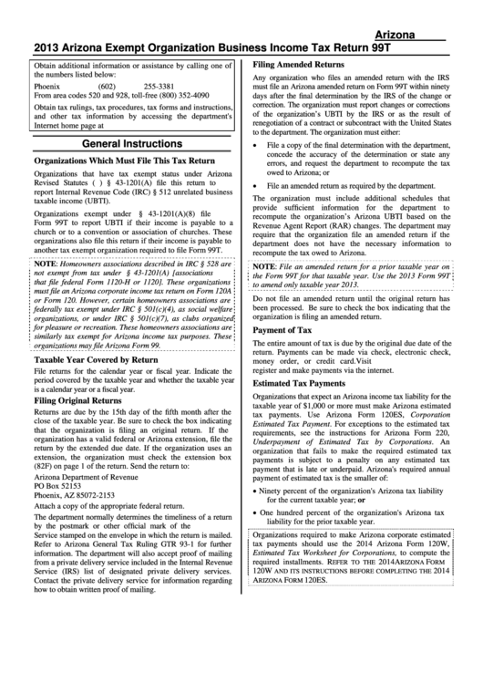 Instructions For Form 99t Arizona Exempt Organization Business