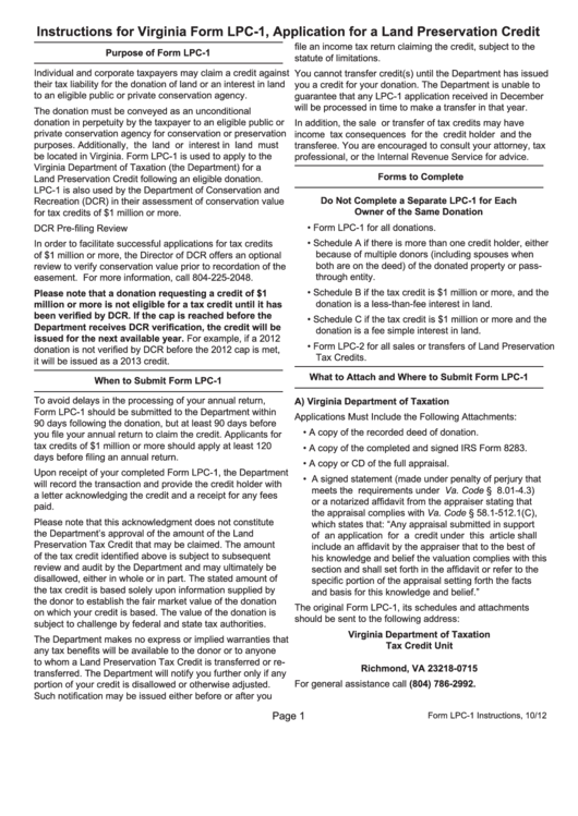 Instructions For Virginia Form Lpc1, Application For A Land