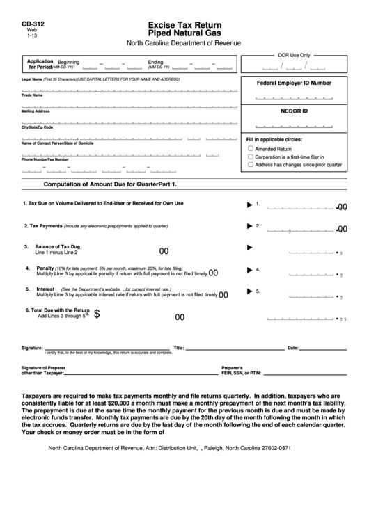 Fillable Form Cd312 Excise Tax Return Piped Natural Gas printable